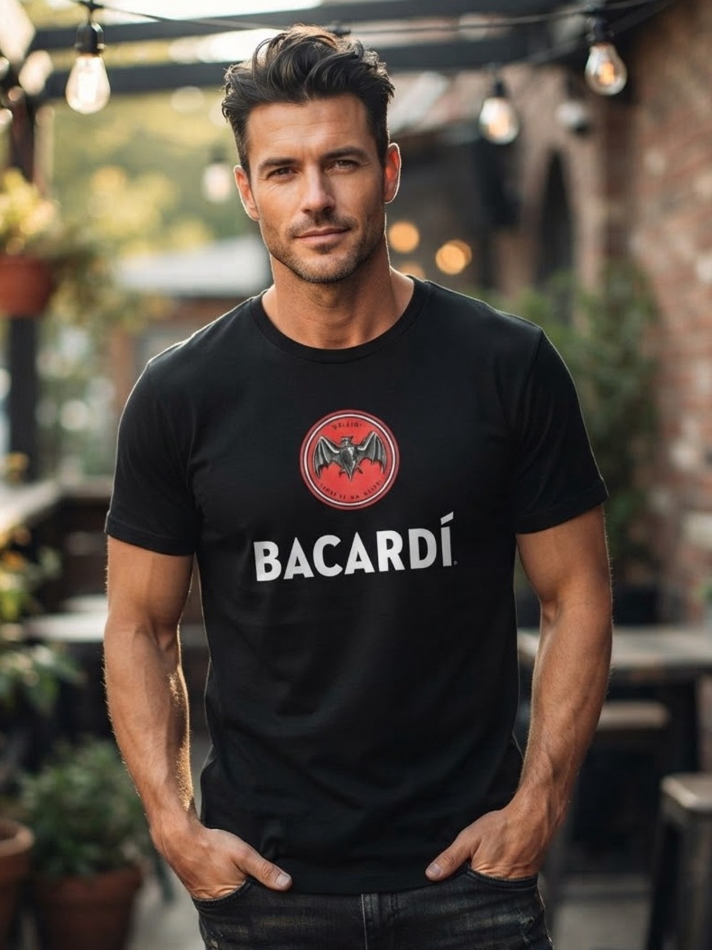 BACARDI Logo Crew Neck Tee XL 22.5” p2p Black EUC